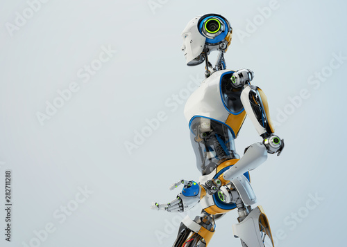 Fototapeta Naklejka Na Ścianę i Meble -  Sci-fi robotic man walking, side view 3d rendering