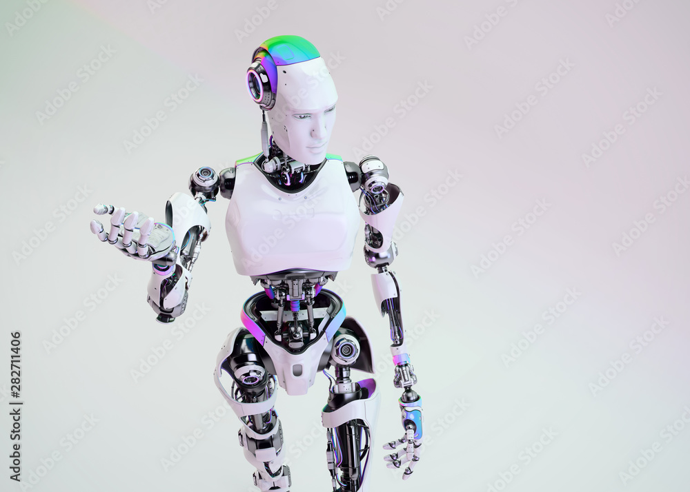 Technological robot man is offering you something, 3d rendering Technological robot man is offering you something, 3d rendering