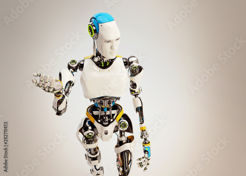 Fototapeta Naklejka Na Ścianę i Meble -  Technological robot man is offering you something, 3d rendering