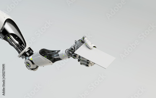 Sci-fi robotic arm showing blank card, 3d rendering