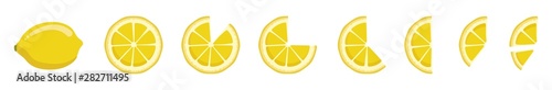 Vitamin C. Set of vector isolated elements. Bright fresh ripe juicy whole and cut lemon and slices isolated on white background. Clip art for your design