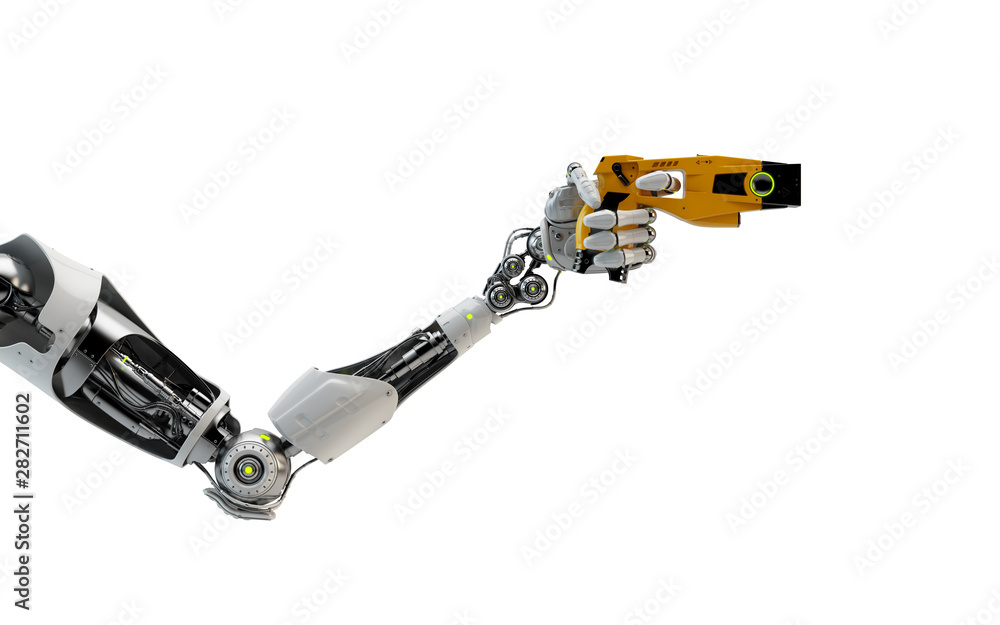 Robotic arm holding futuristic taser gun, 3d rendering Robotic arm holding futuristic taser gun, 3d rendering