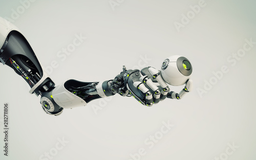 Futuristic robotic arm holding camera, 3d rendering