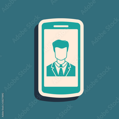 Green Smartphone with contact on screen icon isolated on blue background. Incoming call. Human on phone screen. Call contact. Long shadow style. Vector Illustration