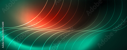 Shiny neon lines template - northern lights glowing blur lines. Futuristic style glow neon 80s disco club or night party techno template
