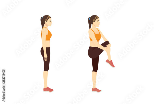 Woman doing easy Stretches to Relax the Pelvis muscles in standing Pose. Illustration about exercise diagram.