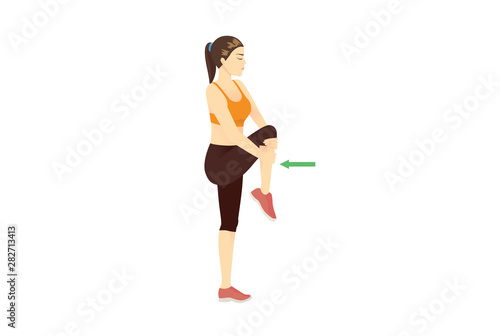 Woman doing Stretching Pelvis muscles in standing Pose. Illustration about exercise diagram for sample.