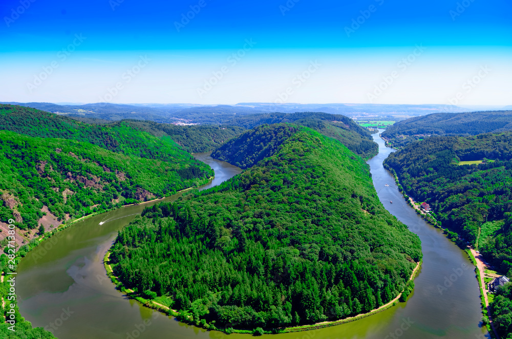 Saarschleife of the Saar near Orscholz with a view of the entire Saarbiegung in Saar-Lor-Lux Saarland Germany Europe Saarschleife of the Saar near Orscholz with a view of the entire Saarbiegung in Saar-Lor-Lux Saarland Germany Europe