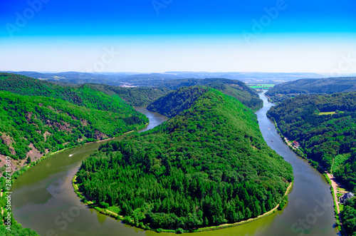 Saarschleife of the Saar near Orscholz with a view of the entire Saarbiegung in Saar-Lor-Lux Saarland Germany Europe