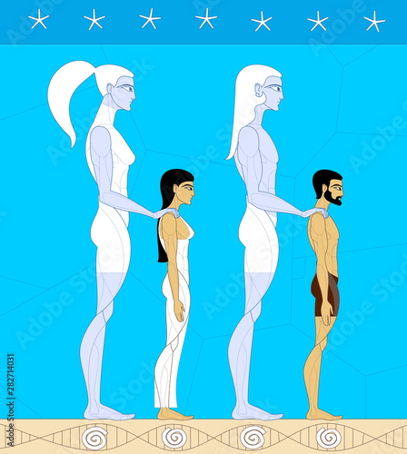 Pleiadians and Earthlings. Lemurian fresco. Imaginary