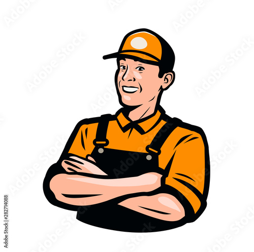Worker or serviceman in overalls. Service, repair, delivery logo. Vector illustration