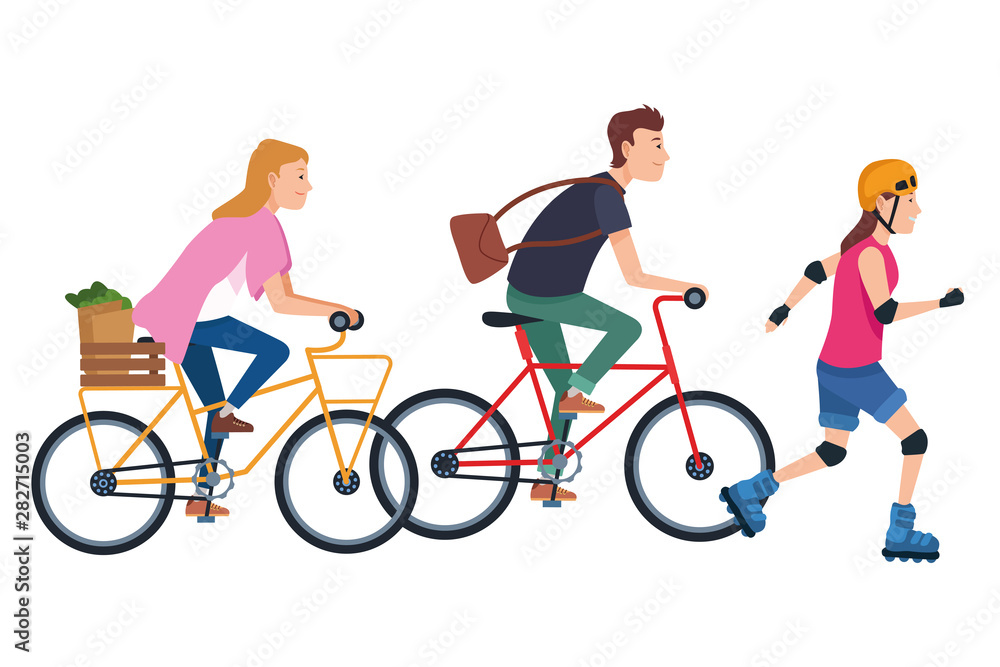 People with bikes and skates People with bikes and skates