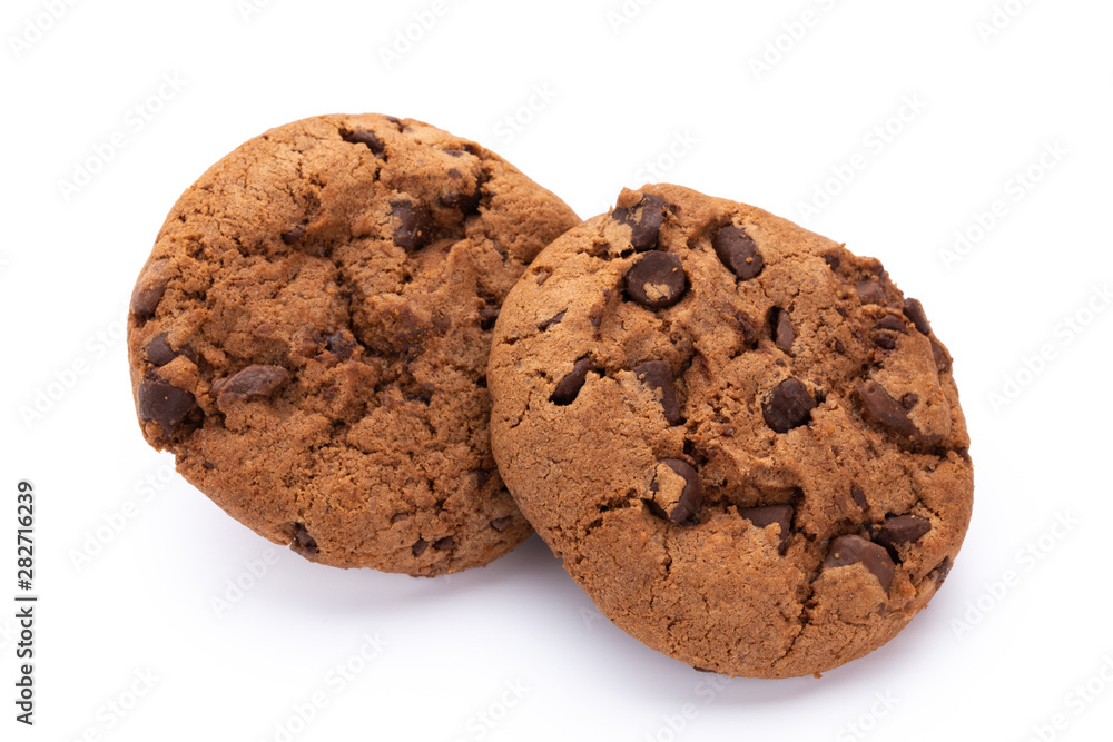 Chocolate chip cookies isolated on white background. Sweet biscuits. Homemade pastry. Chocolate chip cookies isolated on white background. Sweet biscuits. Homemade pastry.