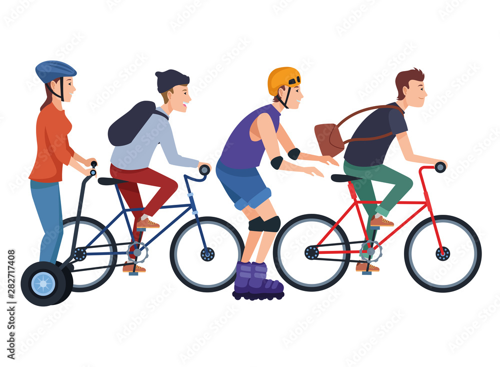 People riding with bikes scooter and skates People riding with bikes scooter and skates