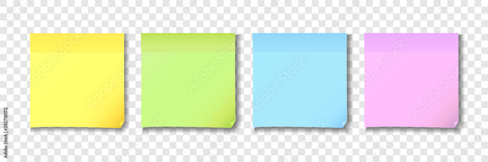 Yellow, green, blue and pink sticky notes paper. Colored post note paper on transparent background. Vector illustration - obrazy, fototapety, plakaty 