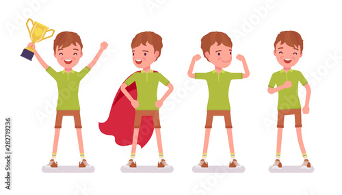 Boy child 7 to 9 years old, positive male school age kid. Happy strong schoolboy with prize enjoying trophy and sport achievements. Vector flat style cartoon illustration isolated on white background