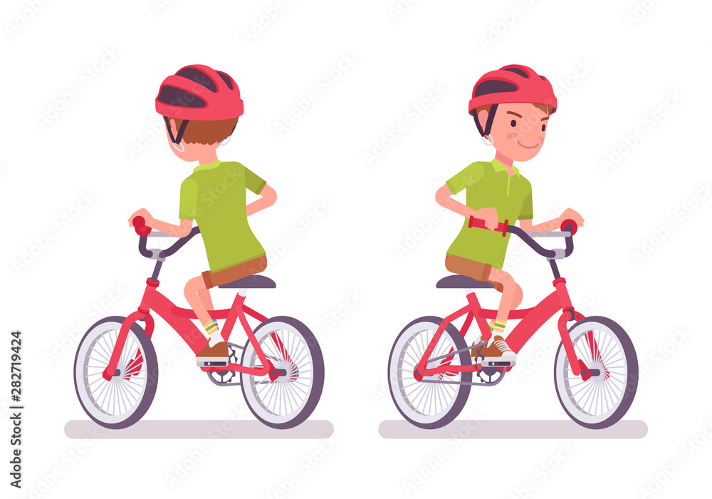 Boy child 7 to 9 year old, school age kid riding a bicycle. Active schoolboy cyclist enjoys biking, recreation and sport activity. Vector flat style cartoon illustration isolated on white background