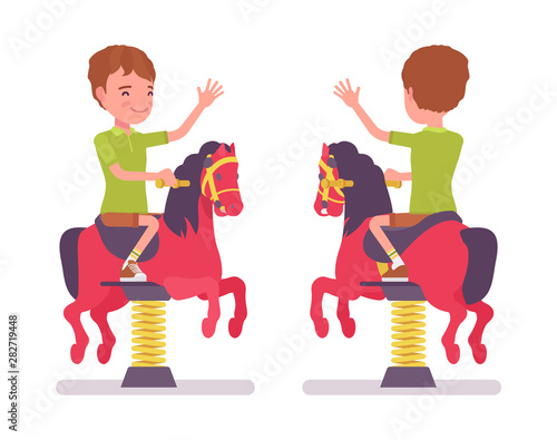 Boy child 7-9 yo school age kid at horse spring rider. Active schoolboy enjoys bouncy pony fun, entertainment playing on playground. Vector flat style cartoon illustration isolated, white background