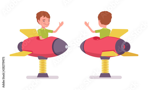 Boy child 7-9 yo school age kid, rocket spring rider. Active schoolboy on bouncy spaceship fun, entertainment playing on playground. Vector flat style cartoon illustration isolated, white background