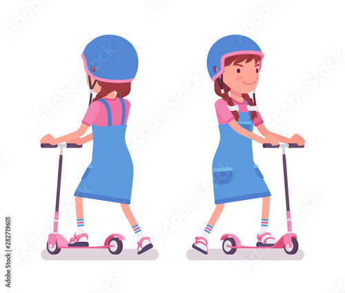 Girl child 7 to 9 years old, school age kid riding a kick scooter. Active schoolgirl enjoys pushing sport vehicle. Vector flat style cartoon illustration isolated on white background, front, rear view