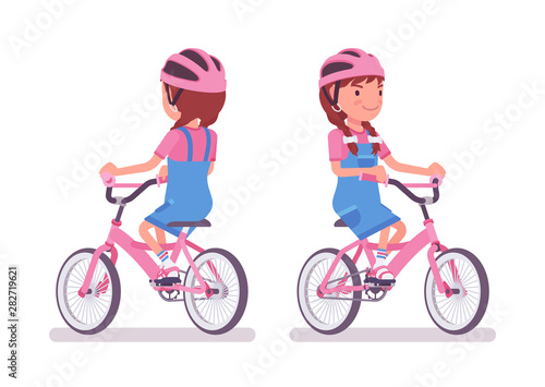 Girl child 7 to 9 year old, school age kid riding a bicycle. Active schoolgirl cyclist enjoys biking, recreation and sport activity. Vector flat style cartoon illustration isolated on white background