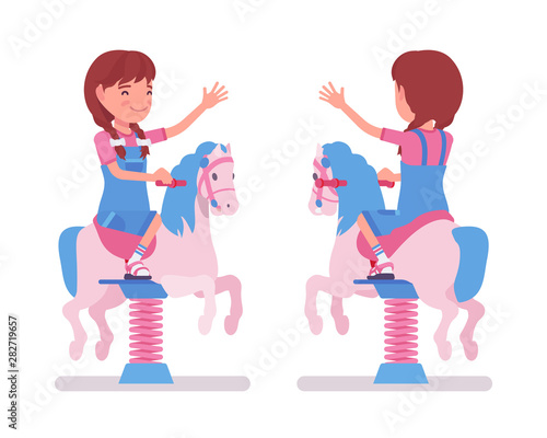 Girl child 7-9 yo school age kid, horse spring rider. Active schoolgirl enjoys bouncy pony fun, entertainment playing on playground. Vector flat style cartoon illustration isolated, white background