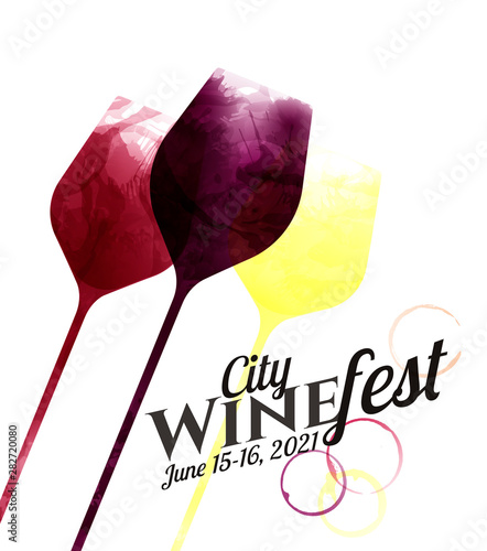 illustration of glasses of red, pink and white wine. Drawing with wine stains, artistic. Template with simple text. Poster, flyer, magazine cover. Design for event, party, festival, celebration.