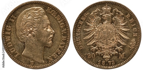 Germany German Bavaria Bavarian golden coin 20 twenty mark 1873, head of King Ludwig II right, imperial eagle of old type with shield on chest surrounded by order chain, crown with ribbon above,