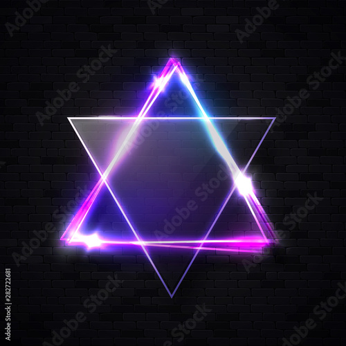 Neon light sign. David star on black brick wall background. Triangle banner with transparent glass plate. Judaism Hebrew Israel glow symbol art. Electric abstract frame. Religious vector illustration.