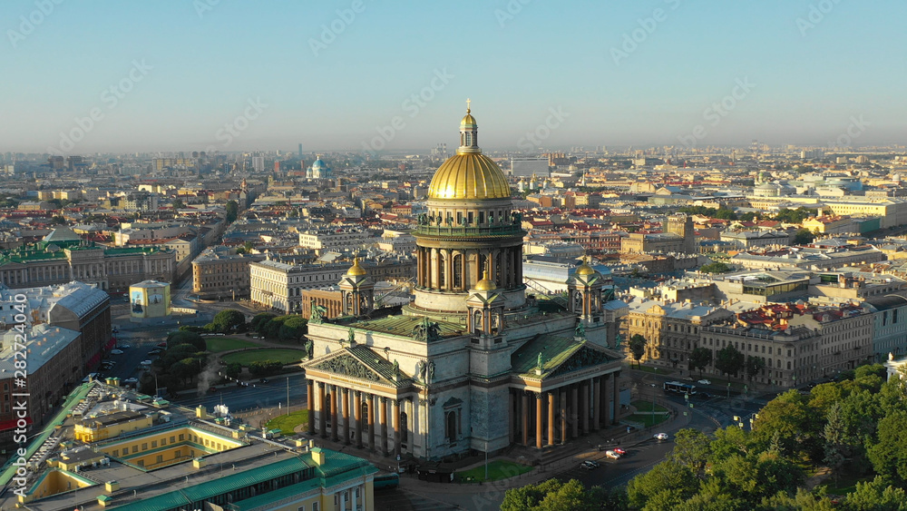 Saint Petersburg, Russia. Aerial drone view of the city center and St. Isaac's Cathedral at sunrise