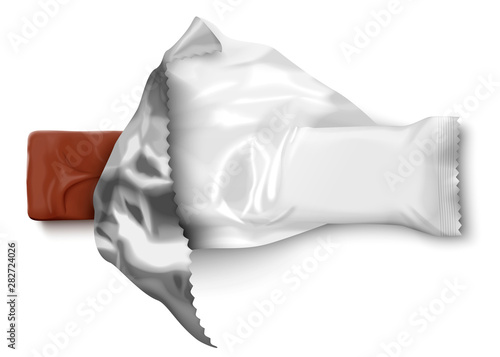 Vector realistic 3d white opened foil pack with black chocolate candy bar.  Mock-up for product package branding.