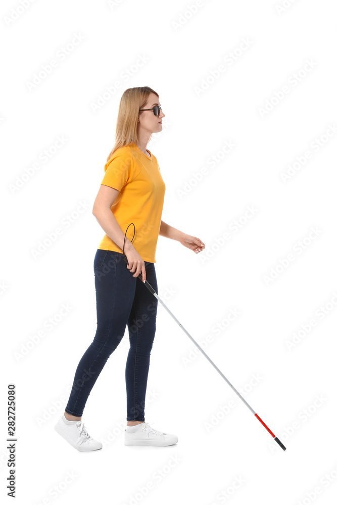Blind woman in dark glasses with walking cane on white background Blind woman in dark glasses with walking cane on white background
