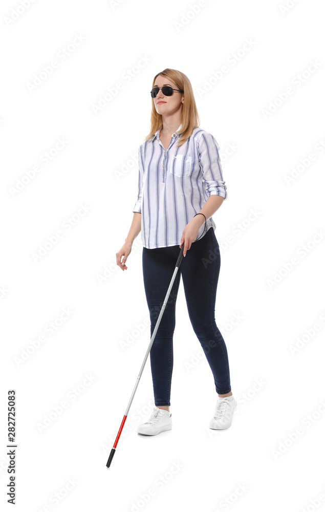 Blind woman in dark glasses with walking cane on white background Blind woman in dark glasses with walking cane on white background