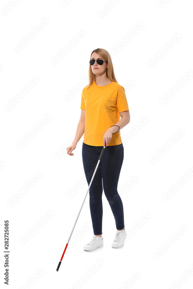 Blind woman in dark glasses with walking cane on white background Blind woman in dark glasses with walking cane on white background