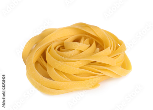Tasty raw egg noodles isolated on white