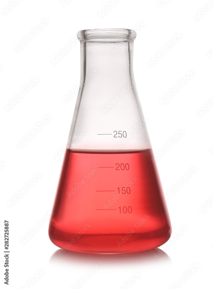 Erlenmeyer flask with color liquid isolated on white. Solution chemistry Erlenmeyer flask with color liquid isolated on white. Solution chemistry