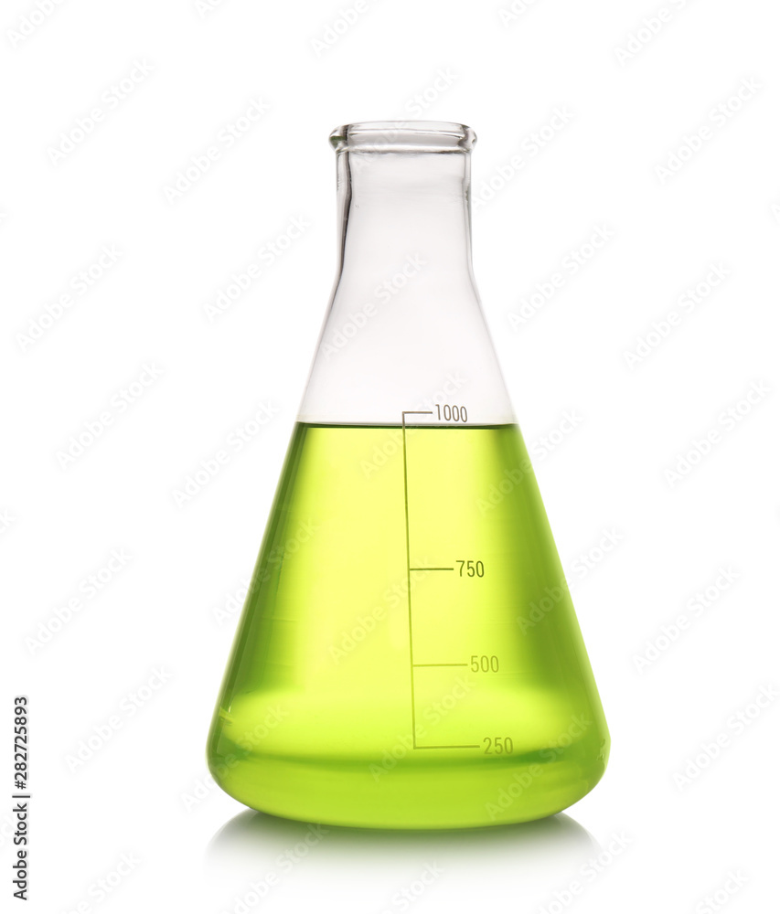Erlenmeyer flask with color liquid isolated on white. Solution chemistry Erlenmeyer flask with color liquid isolated on white. Solution chemistry