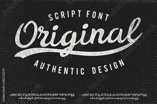 Original. Hand made script typeface. Vintage brush script. Retro vector illustration. Print for clothes.