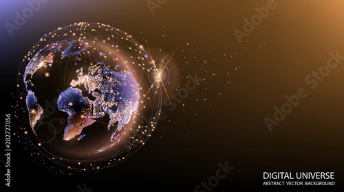 Vector. Planet Earth from space. Flickering lights of cities. Map of the mainland. Global communications system and the World Wide Web. Technologies and communications. Globalization. Luminous sphere.