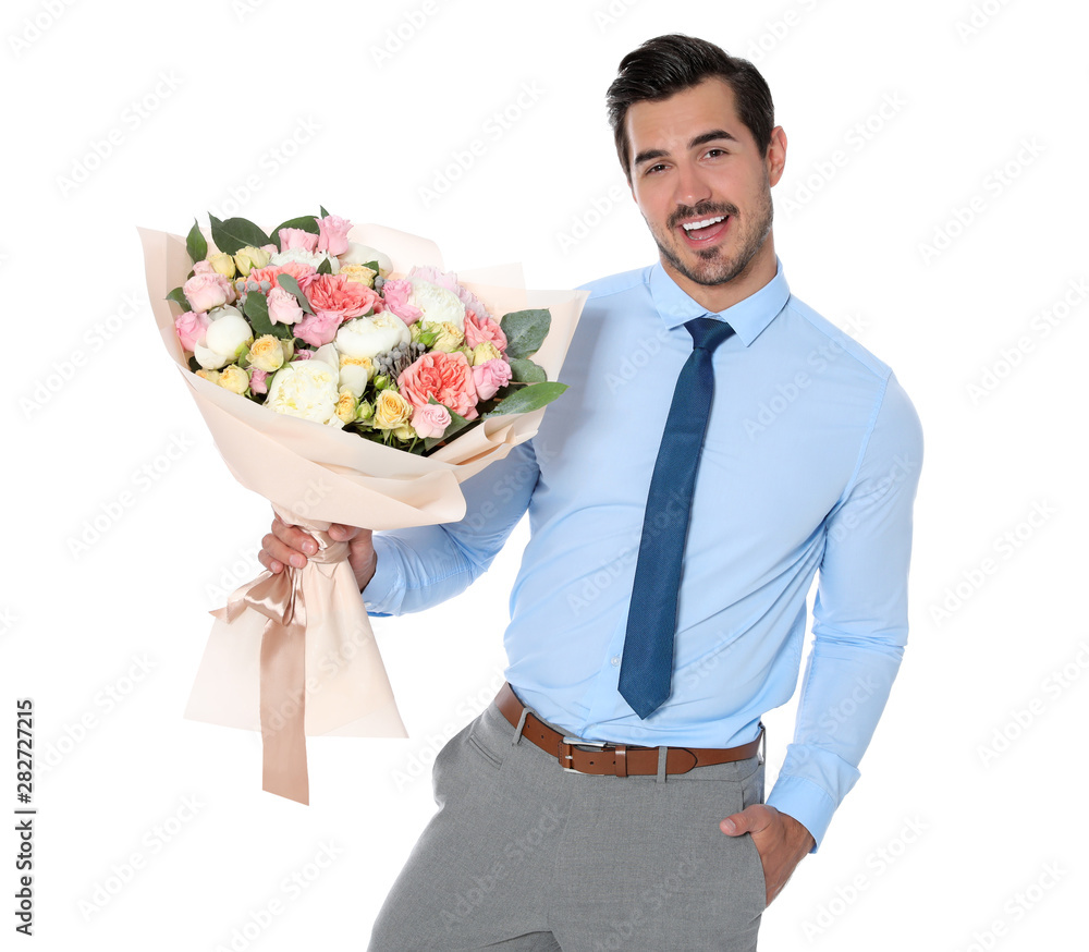 Young handsome man with beautiful flower bouquet on white background Young handsome man with beautiful flower bouquet on white background