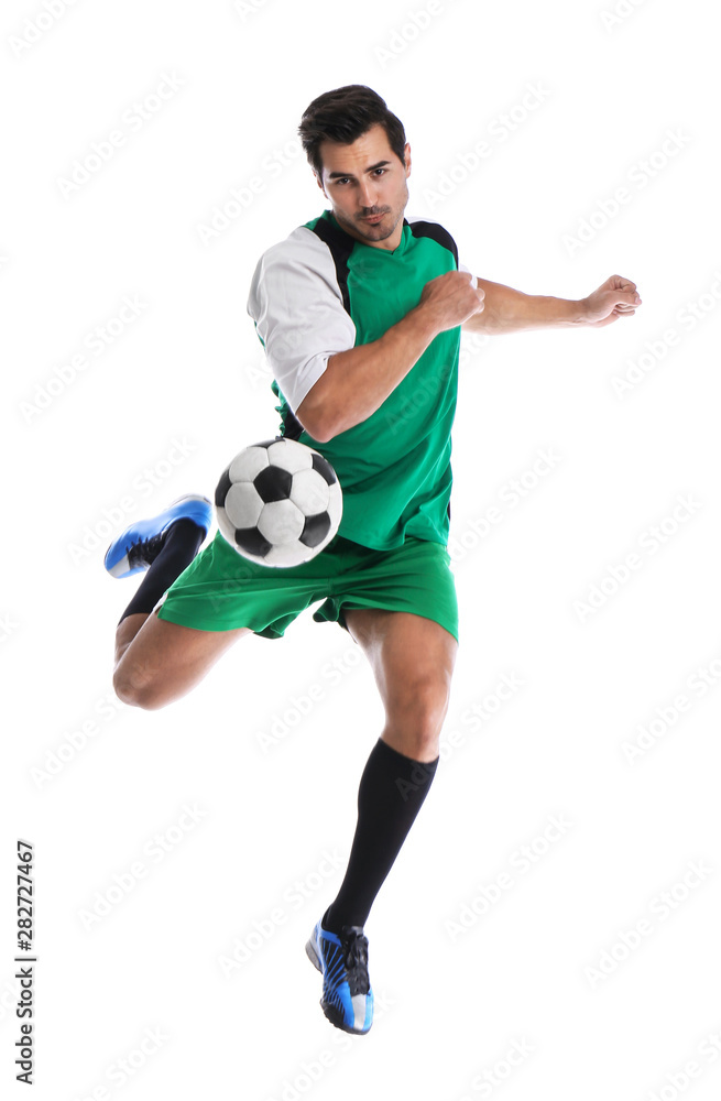 Young man playing football on white background