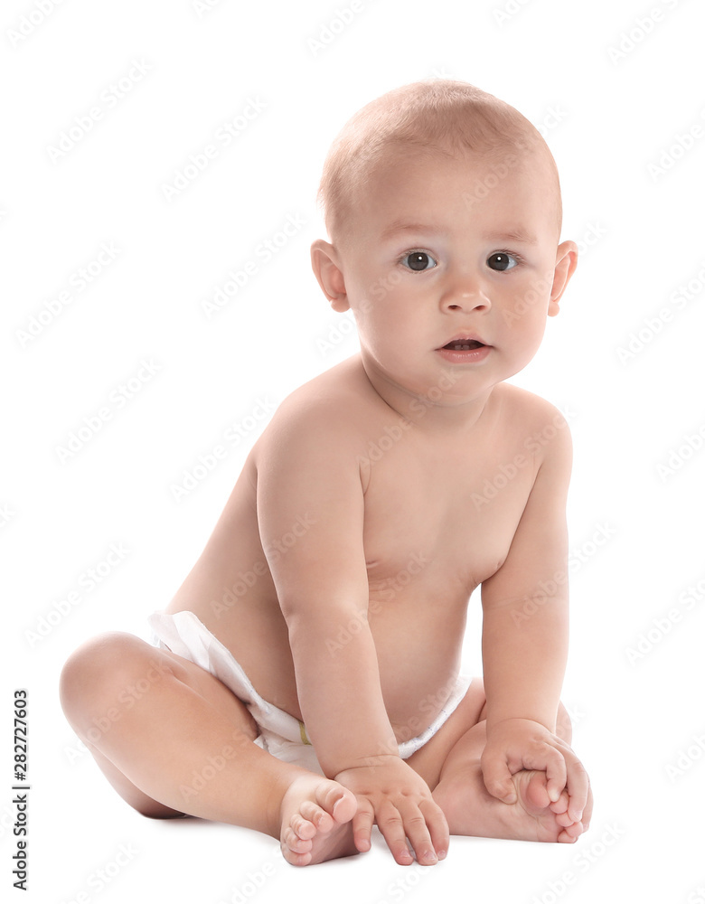 Cute little baby sitting on white background Cute little baby sitting on white background