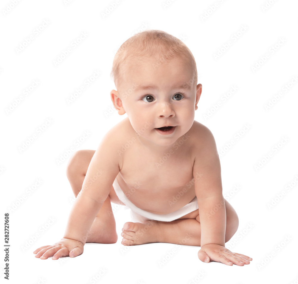 Cute little baby sitting on white background Cute little baby sitting on white background