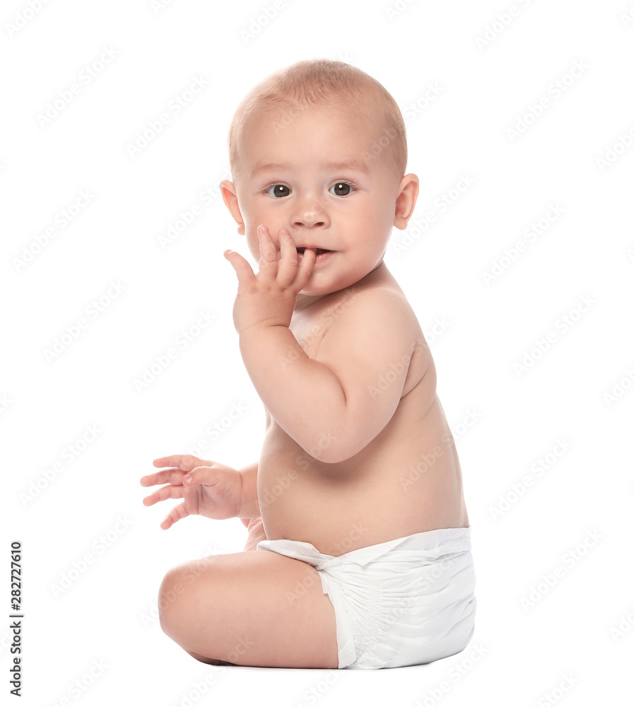 Cute little baby sitting on white background Cute little baby sitting on white background