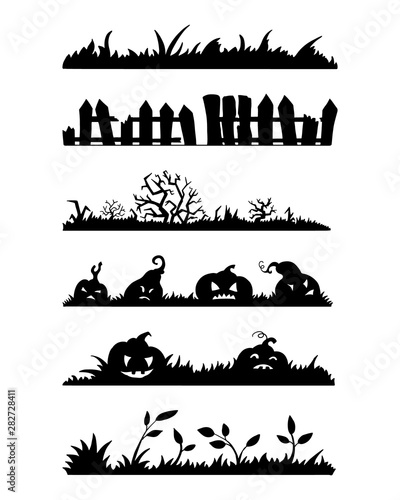 Set of silhouettes for Halloween: grass, fence, trees and bushes, pumpkins. Vector