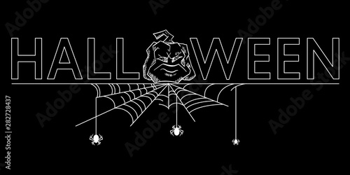 inscription Halloween with decorations decorative items: Halloween pumpkins and cobwebs with spiders. White on black. Vector