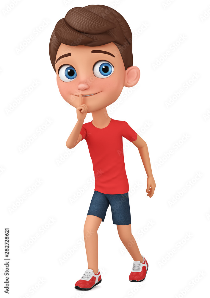 Character cartoon guy pressed his finger to his lips. Silence. 3d render illustration.