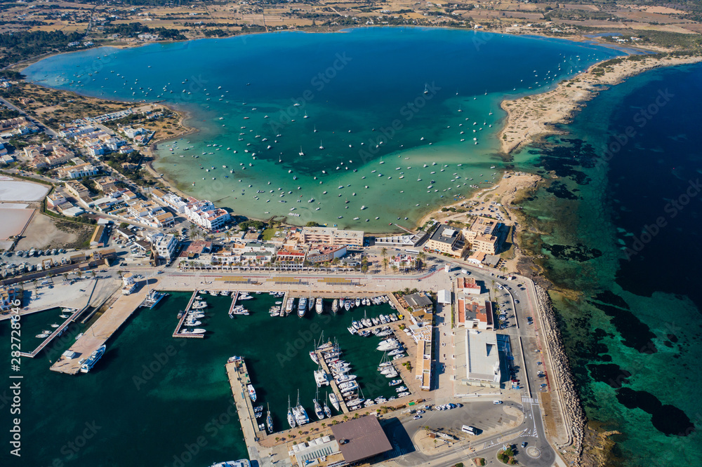 Beautiful turquoise bay at Formentera, aerial view.