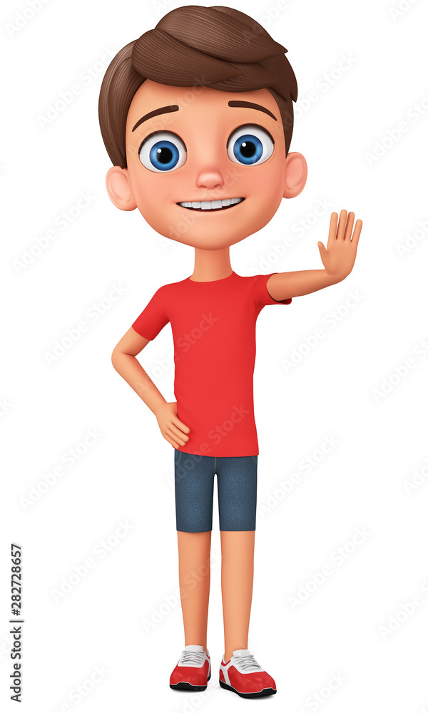 Cartoon character guy shows hand stop on a white background. 3d rendering. Illustration for advertising.