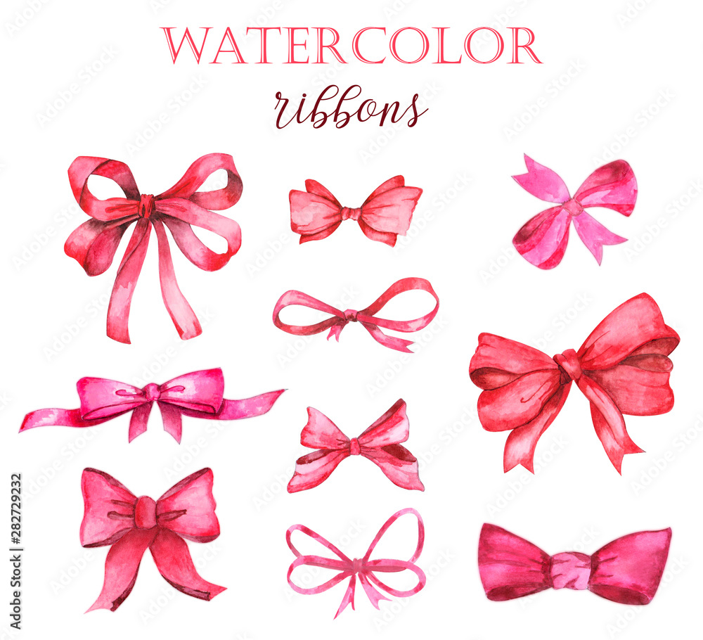 Watercolor holiday red ribbon bow illustration, festive bunting clip ...